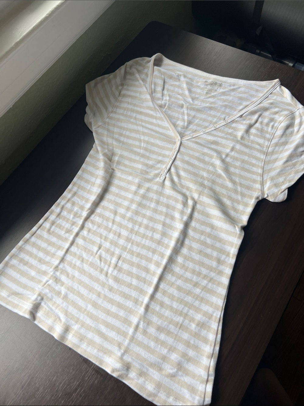 Old Navy Short Sleeve Henley Tee in White and Beige Stripes